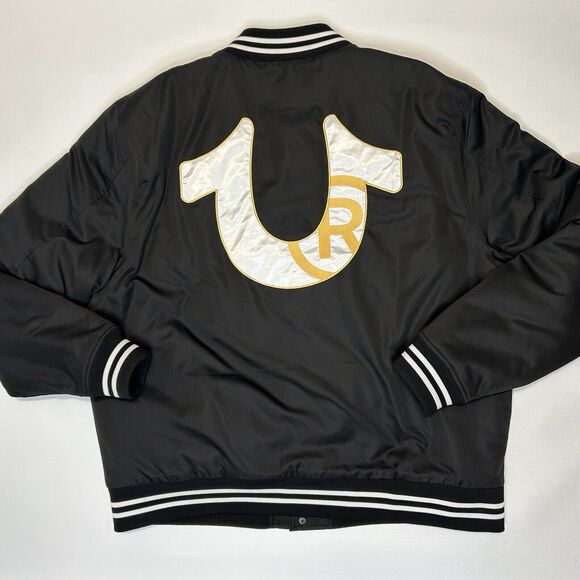 True Religion Jacket Mens 2XL Button Snap Satin Bomber Black Horseshoe Logo - Picture 4 of 16